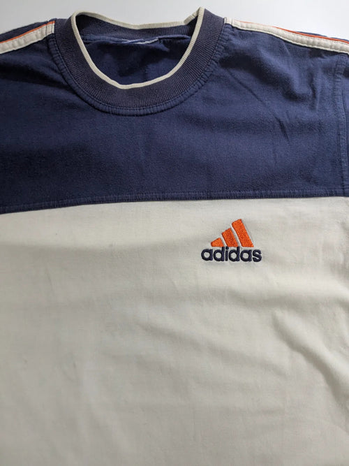 Adidas T-Shirt Navy White Cotton Logo Striped Crew Neck Short Sleeve Streetwear