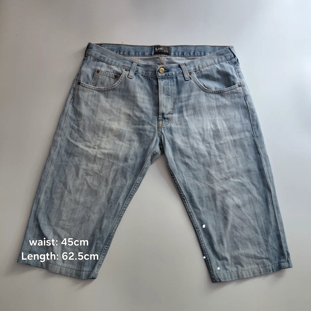 Lee Knox Denim Shorts Mens W34 L36 Light Blue Wash Denim Button Fly Jorts