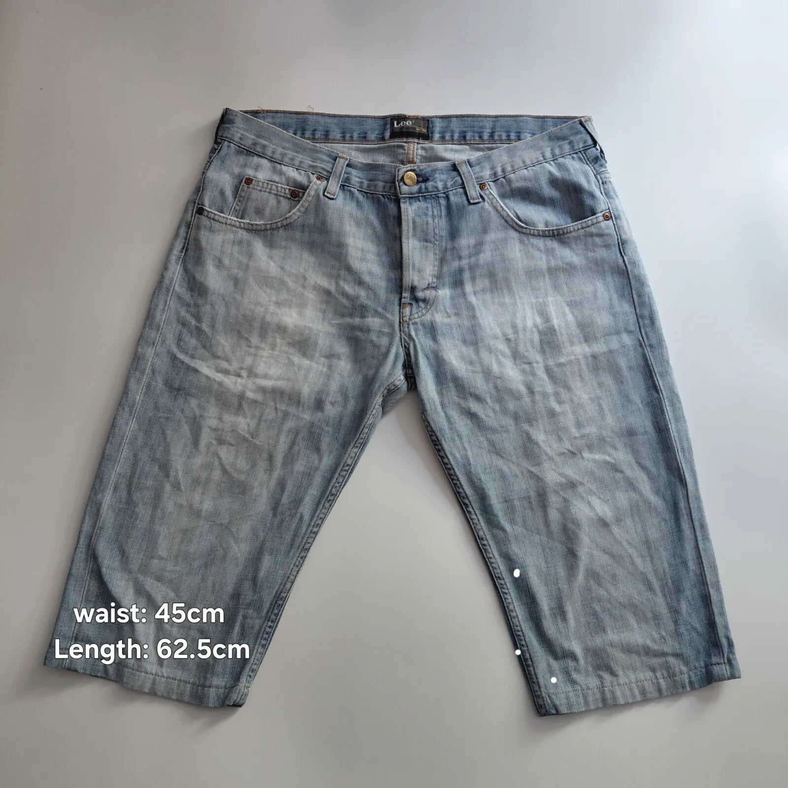 Lee Knox Denim Shorts Mens W34 L36 Light Blue Wash Denim Button Fly Jorts