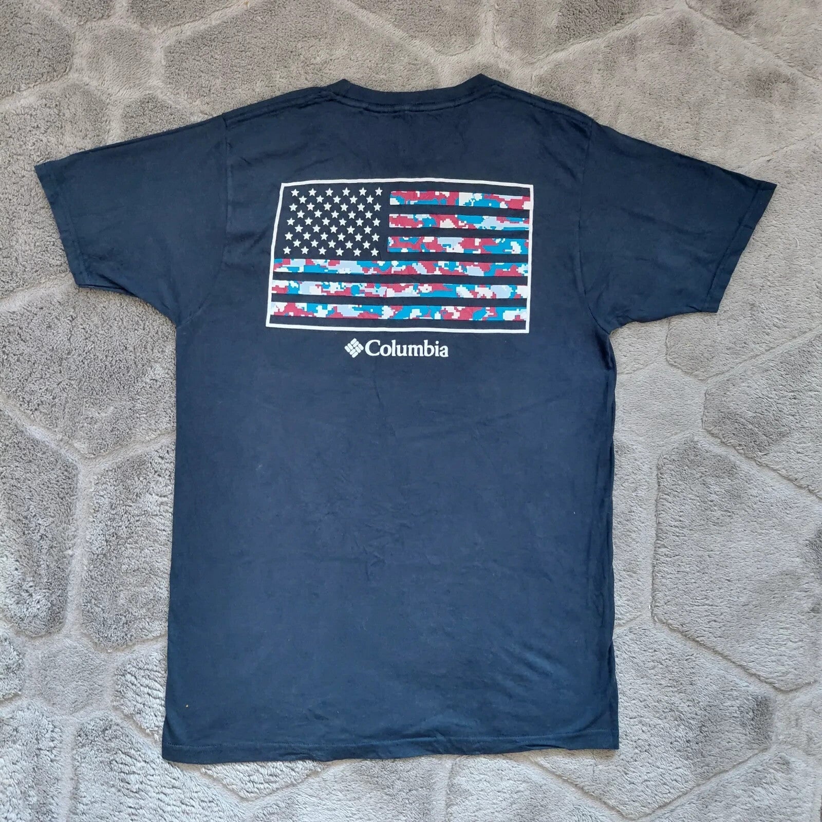Columbia Crew Neck T Shirt Mens Medium Navy Cotton American Flag Graphic Short