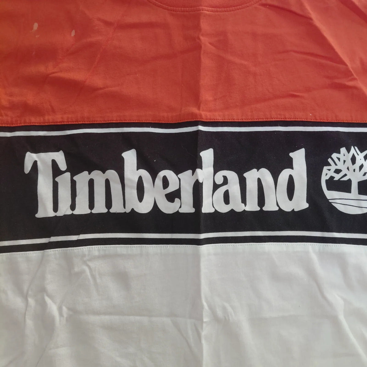 Timberland T Shirt Large Orange Black White Organic Cotton Logo Colour Block