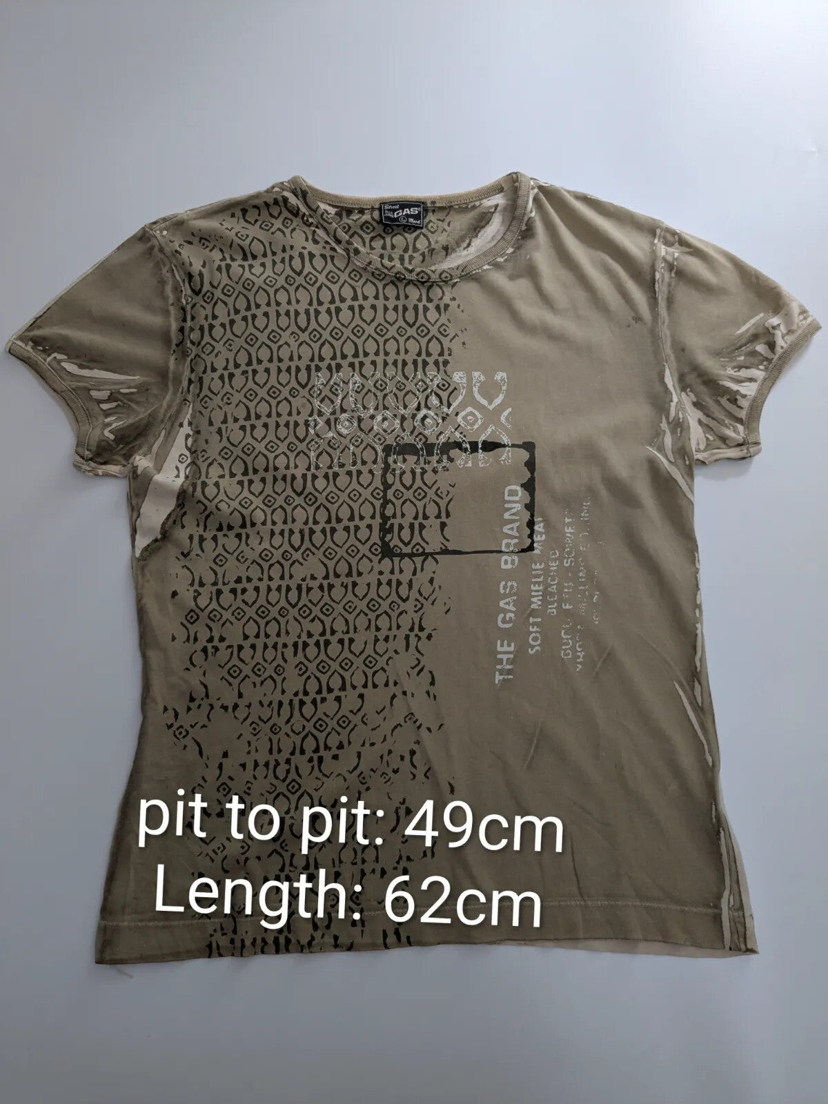 Gas T-Shirt Mens Khaki Cotton Graphic Logo Distressed Streetwear Short Sleeve