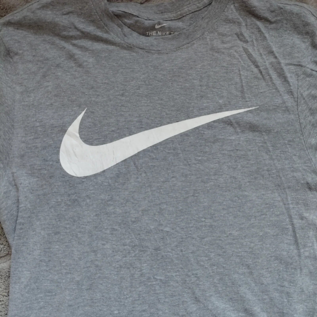 Nike T Shirt Small Grey Large Swoosh Logo Crew Neck Short Sleeve