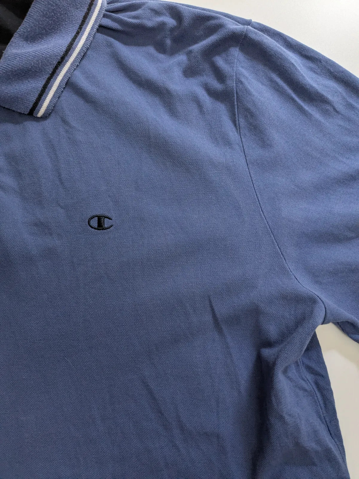 Champion Polo Shirt Mens 3XL Blue Cotton Pique Logo Striped Collar Trim Button