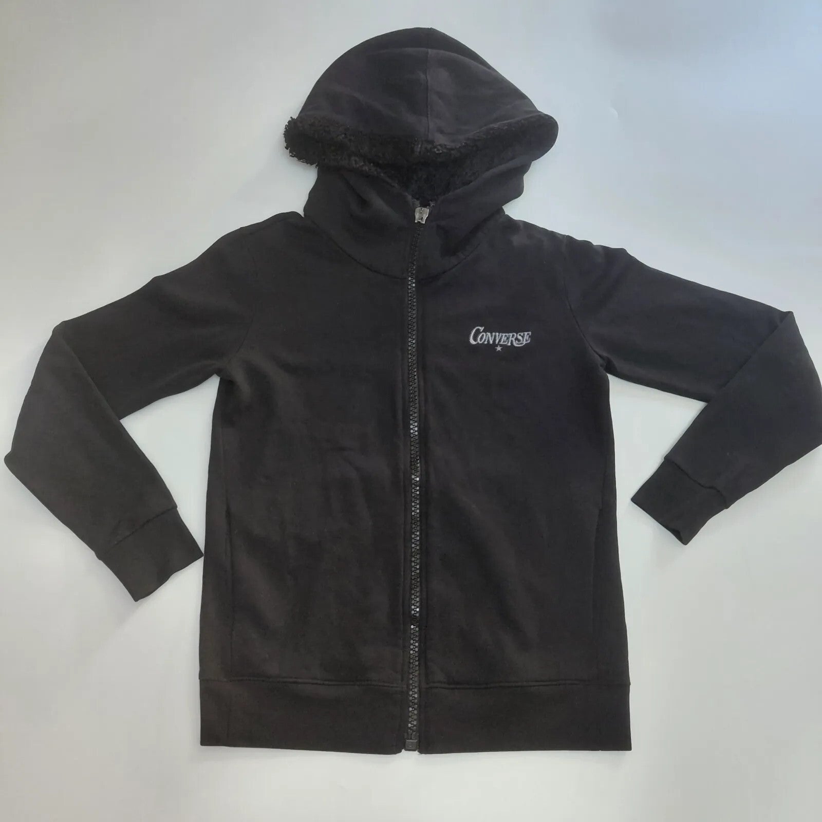 Converse Zip Hoodie Black Cotton Fleece Lined Full Zip Logo Streetwear