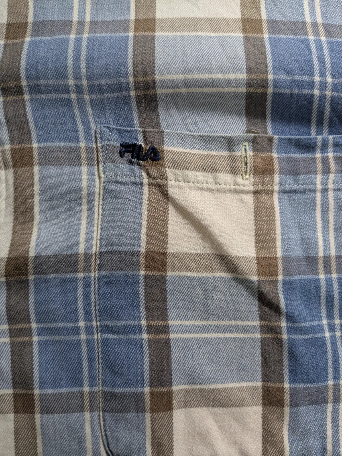 Fila Shirt Medium Blue Cotton Plaid Button Up Long Sleeve Logo Workwear