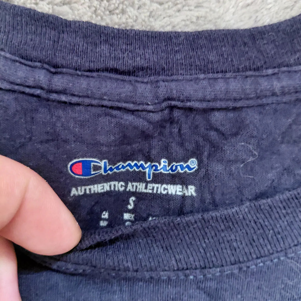 Champion Crew Neck T Shirt Mens Small Navy Logo Short Sleeve Athletic