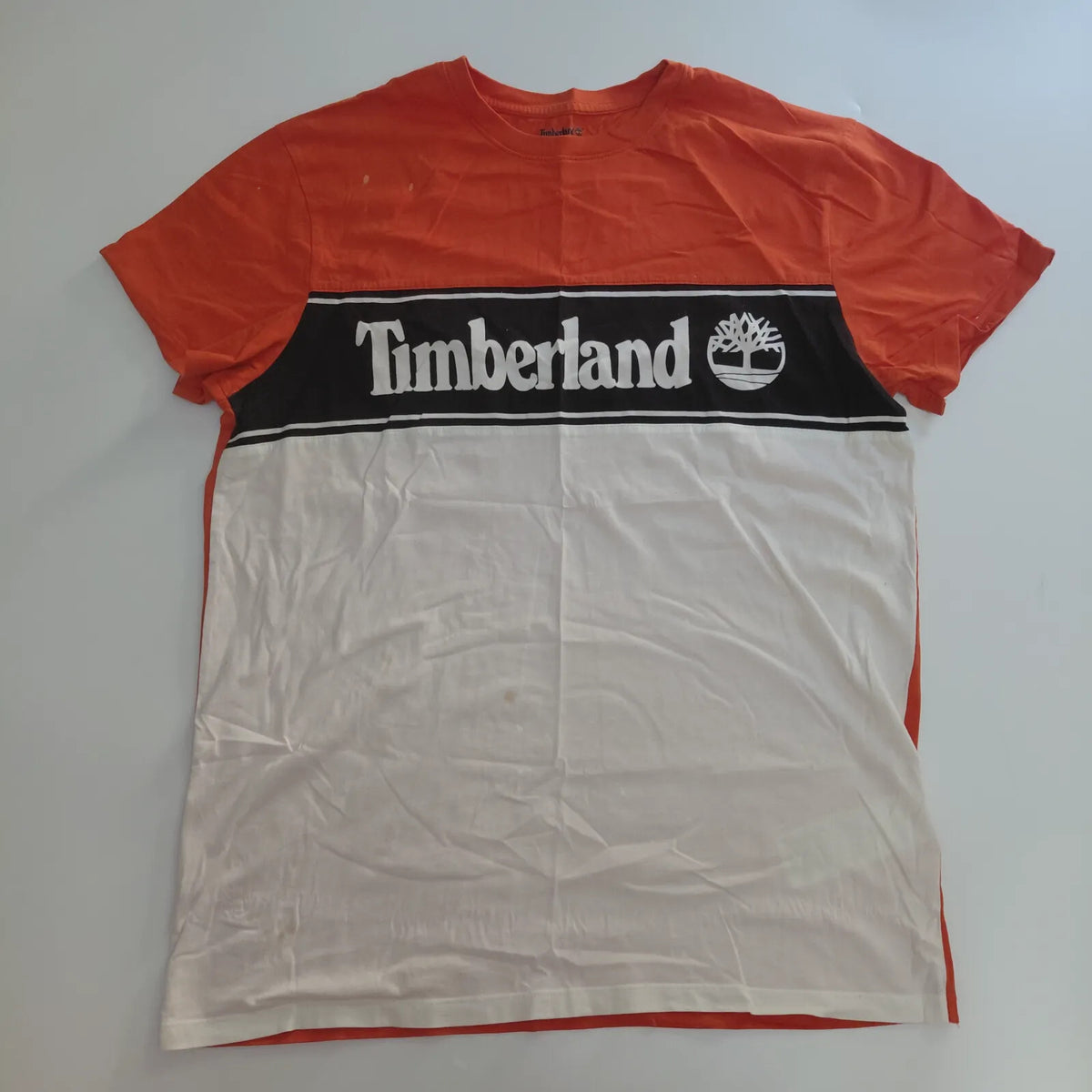 Timberland T Shirt Large Orange Black White Organic Cotton Logo Colour Block