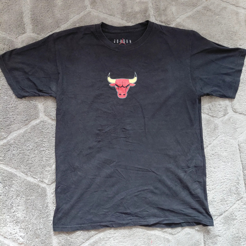 Jordan Crew Neck T Shirt Black Cotton Chicago Bulls Bull Head Logo Graphic Print