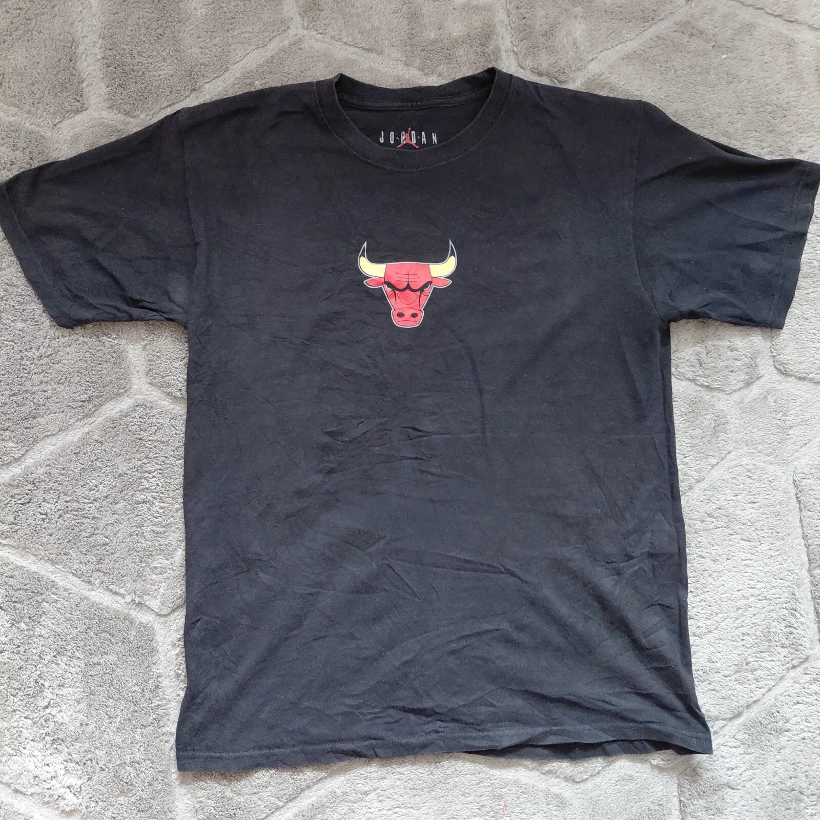 Jordan Crew Neck T Shirt Black Cotton Chicago Bulls Bull Head Logo Graphic Print