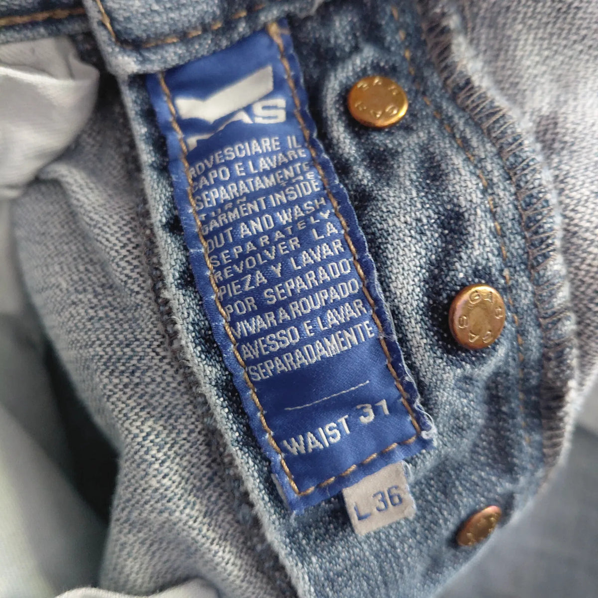 Gas Jeans L36 Light Blue Wash Denim Regular Straight Button Fly