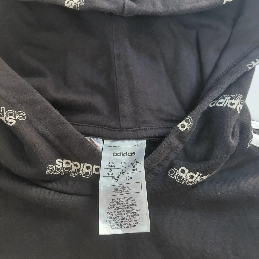 Adidas Hoodie UK 13-14Y Black Pullover Logo Three Stripe Hooded Streetwear