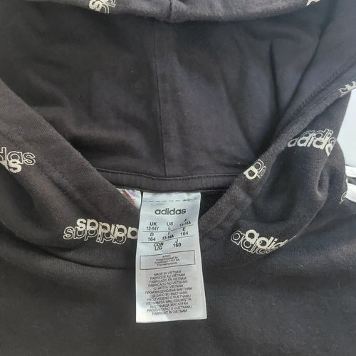 Adidas Hoodie UK 13-14Y Black Pullover Logo Three Stripe Hooded Streetwear