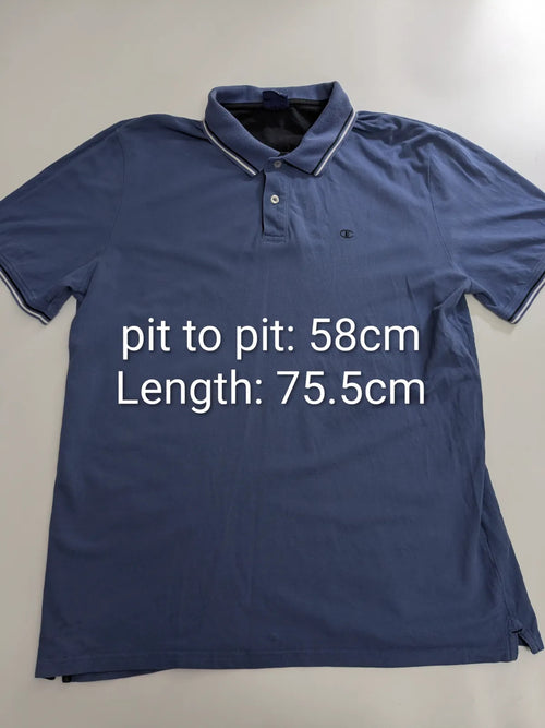 Champion Polo Shirt Mens 3XL Blue Cotton Pique Logo Striped Collar Trim Button