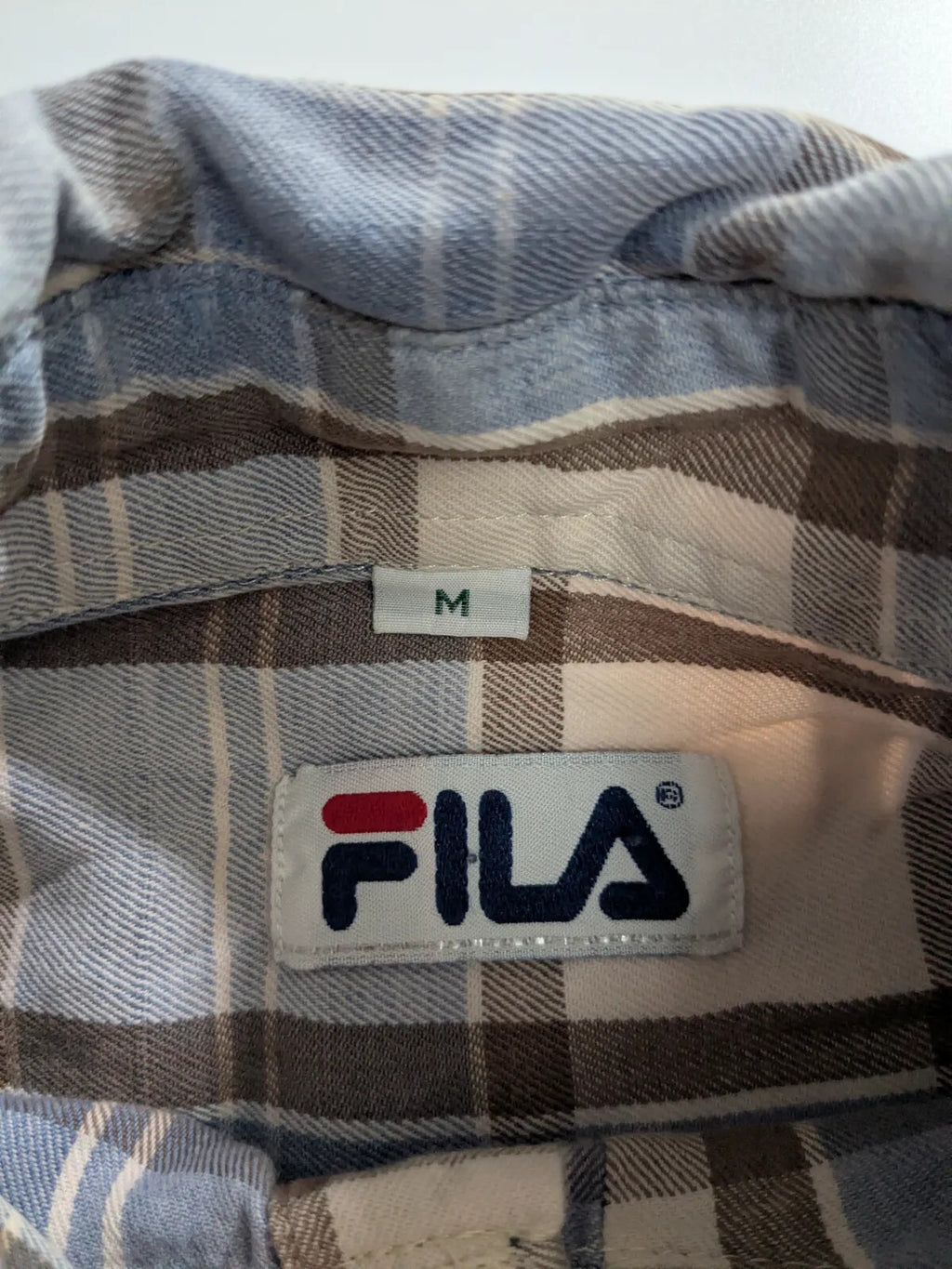 Fila Shirt Medium Blue Cotton Plaid Button Up Long Sleeve Logo Workwear