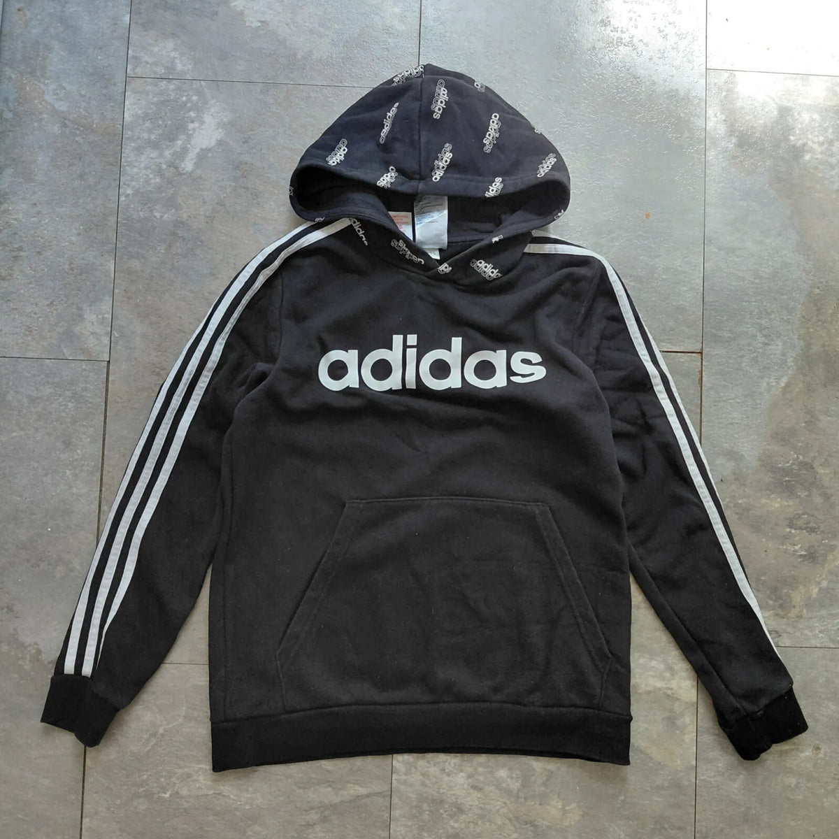 Adidas Hoodie UK 13 14Y Black Pullover Hooded Logo Long Sleeve Athletic