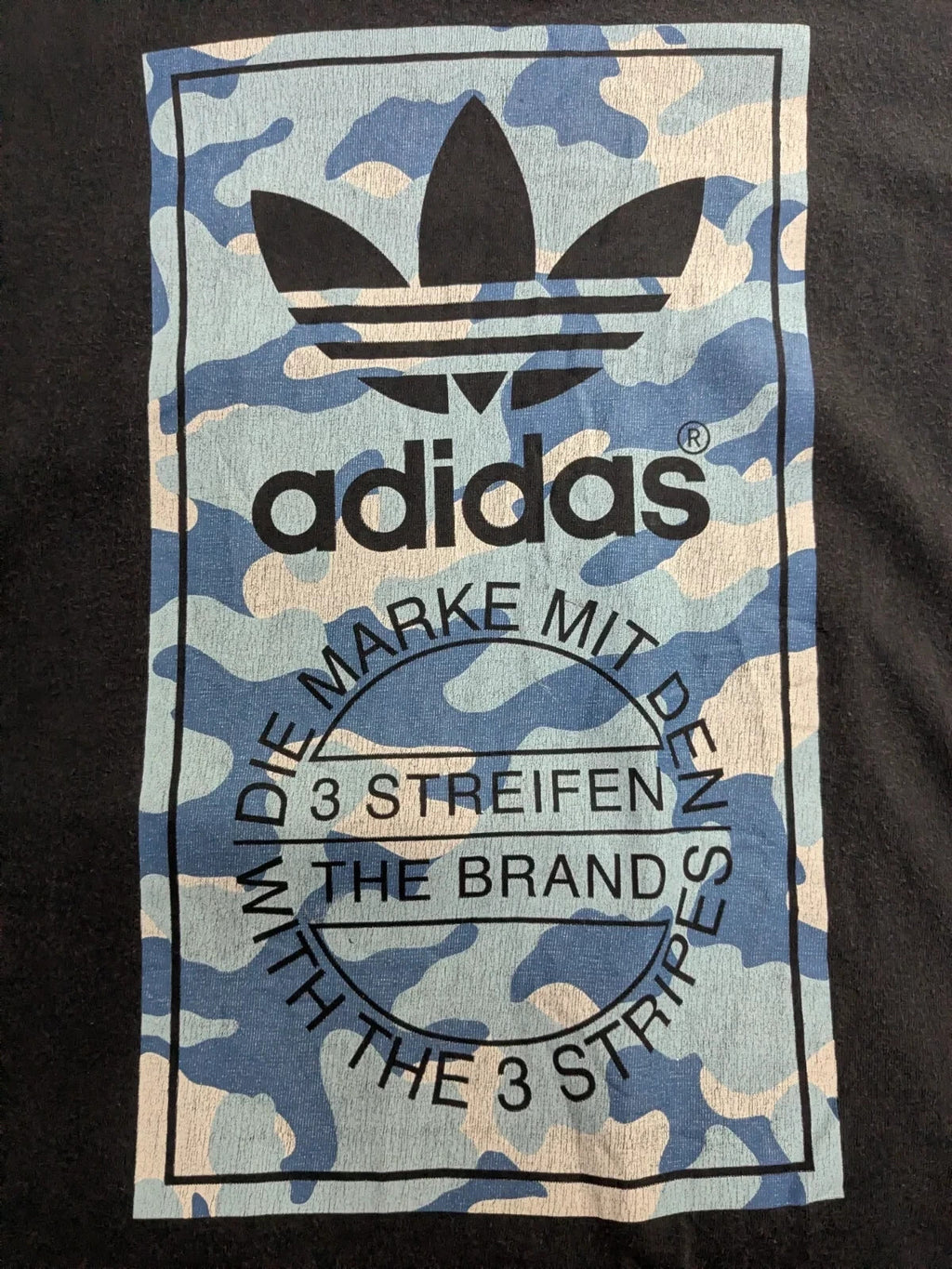 Adidas T-Shirt Small Black Graphic Logo Camouflage Short Sleeve Crew Neck