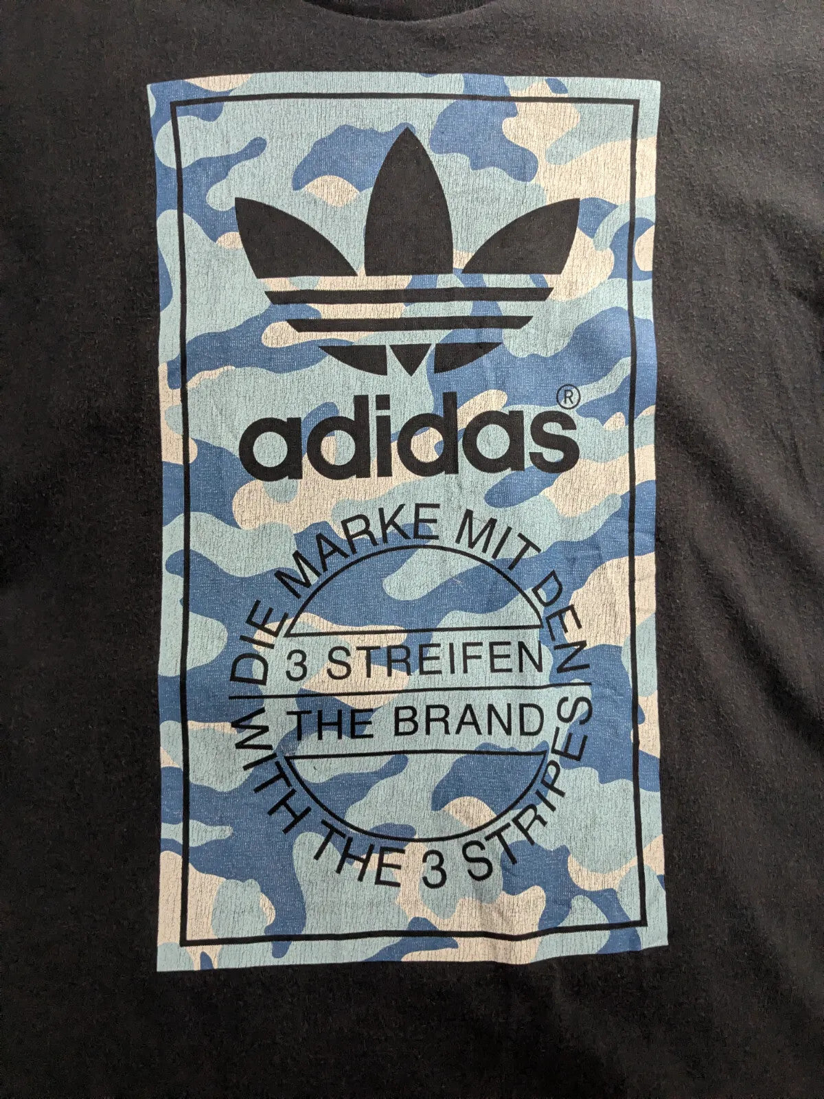Adidas T-Shirt Small Black Graphic Logo Camouflage Short Sleeve Crew Neck