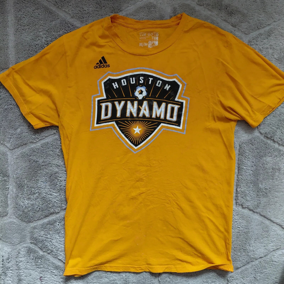 Adidas Crew Neck T Shirt Medium Yellow Cotton Houston Dynamo Graphic Logo Short