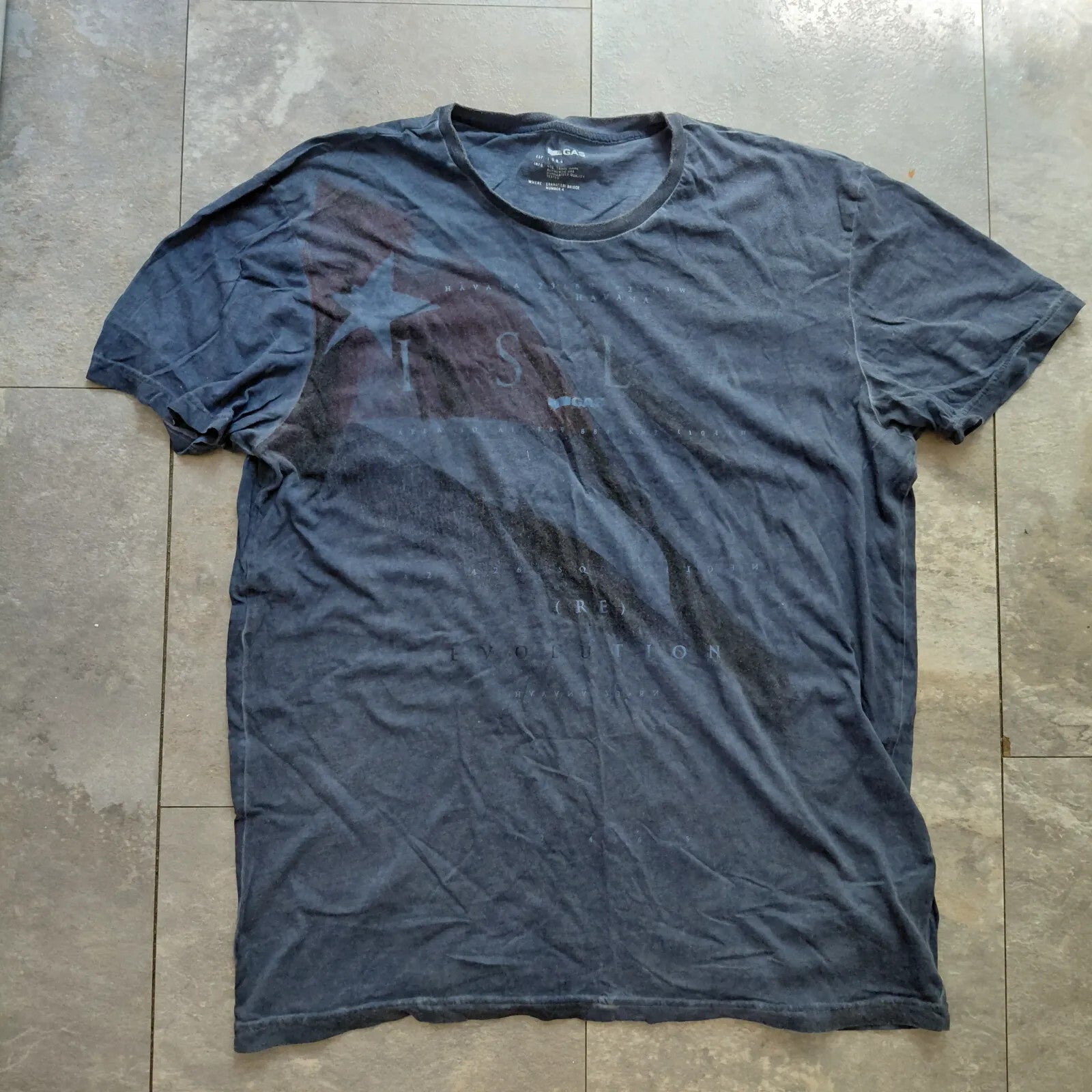 GAS Crew Neck T Shirt Mens XXL Blue Cotton Graphic Print Logo Short Sleeve