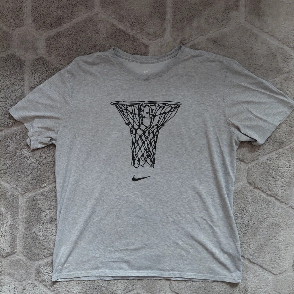 Nike Crew Neck T Shirt XL Grey Basketball Hoop Graphic Dri Fit Athletic Cut