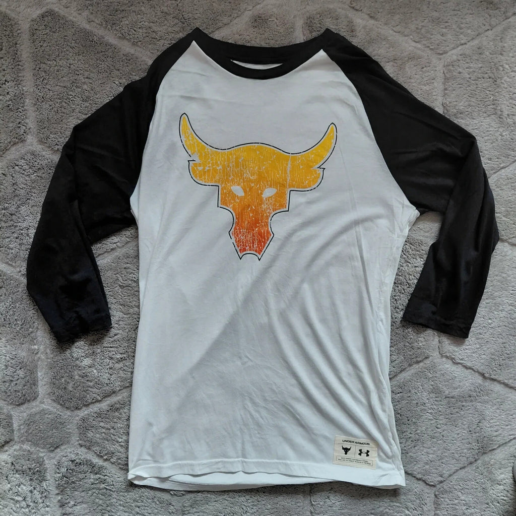Under Armour Raglan Long Sleeve T Shirt Small White Black Graphic Iron Paradise