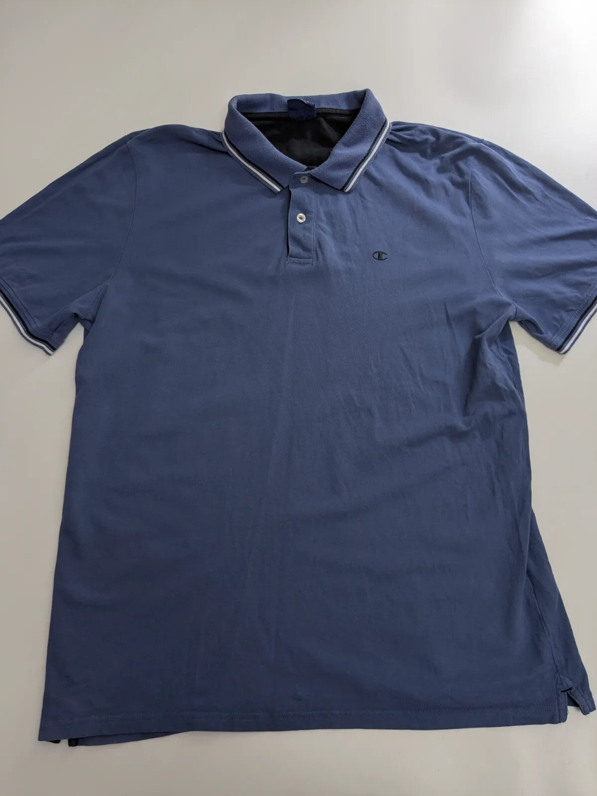Champion Polo Shirt Mens 3XL Blue Cotton Pique Logo Striped Collar Trim Button