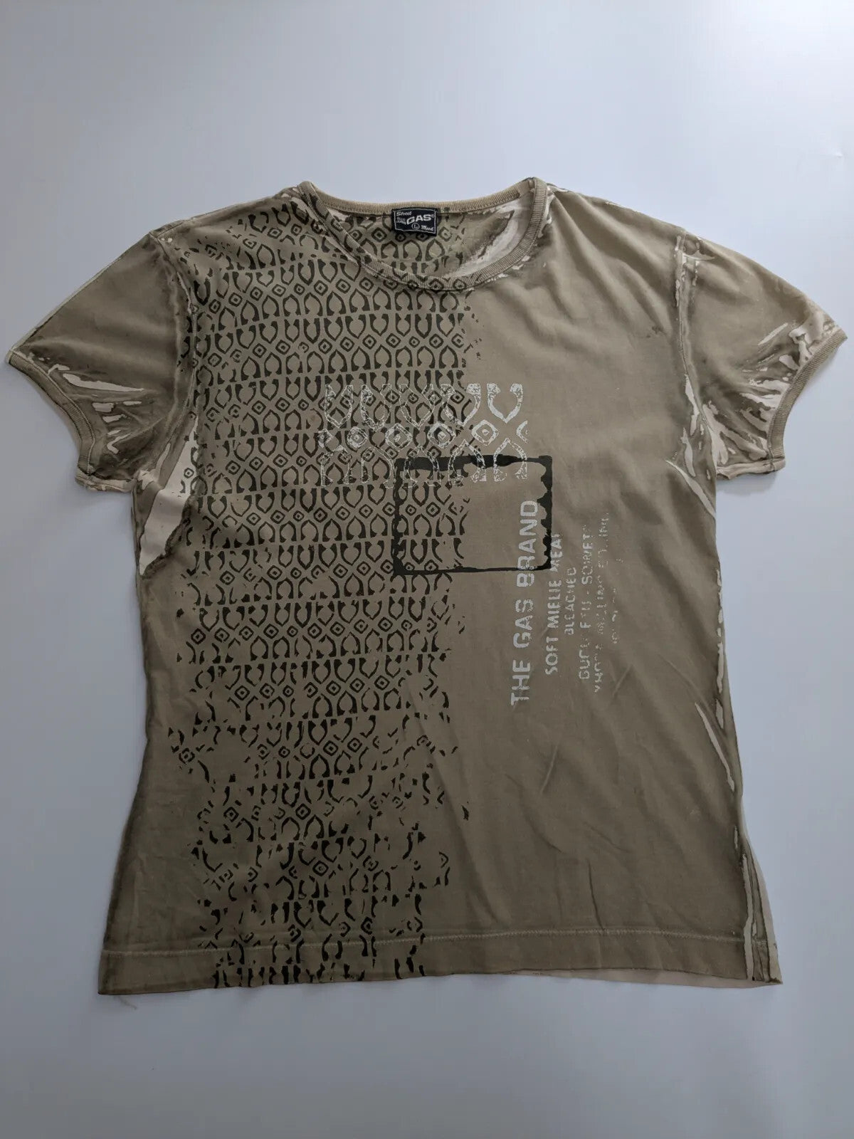 Gas T-Shirt Mens Khaki Cotton Graphic Logo Distressed Streetwear Short Sleeve