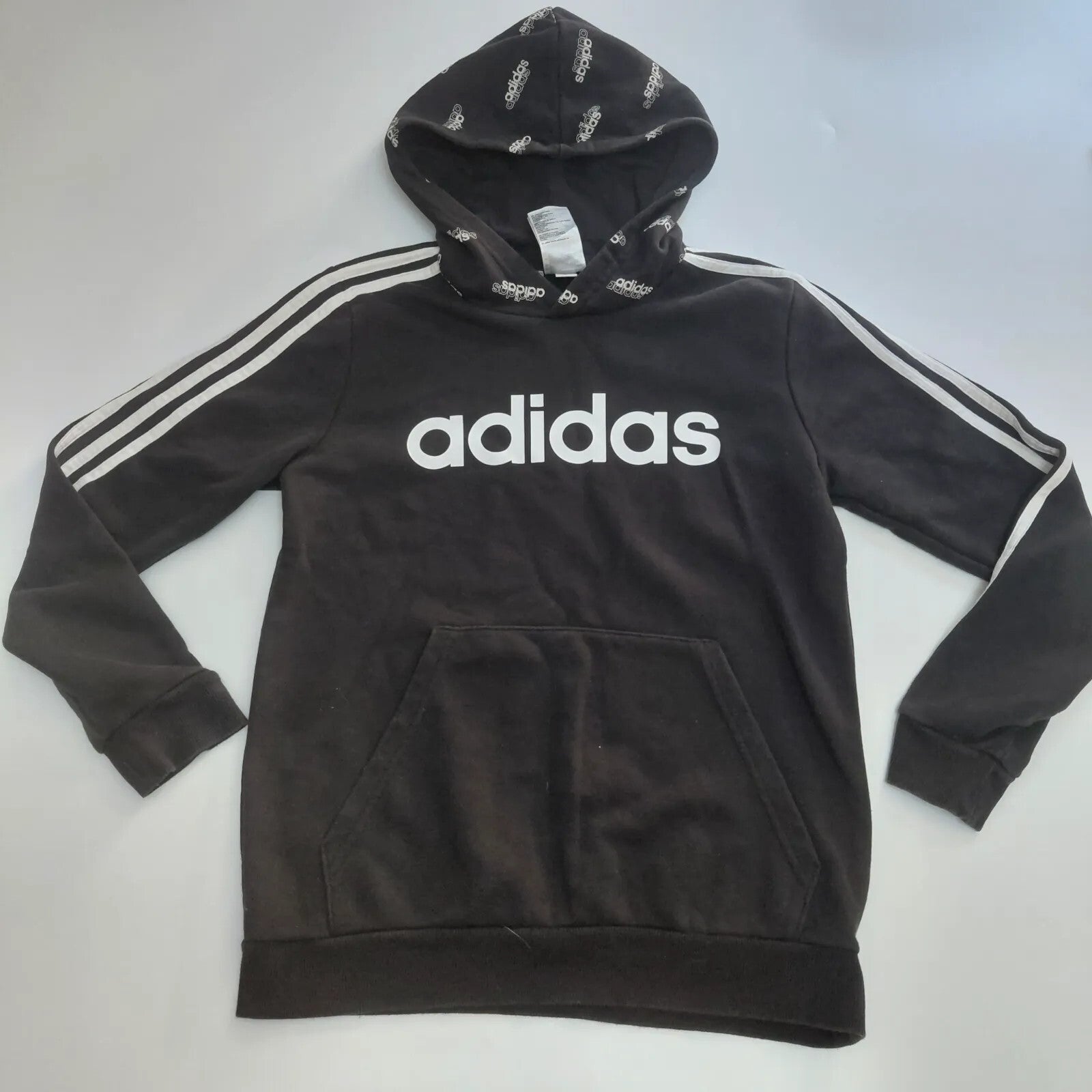 Adidas Hoodie UK 13-14Y Black Pullover Logo Three Stripe Hooded Streetwear