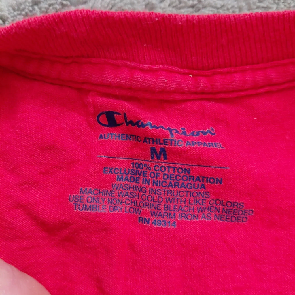 Champion Crew Neck T Shirt Unisex Medium Red Cotton Belmont Bruins Logo Short