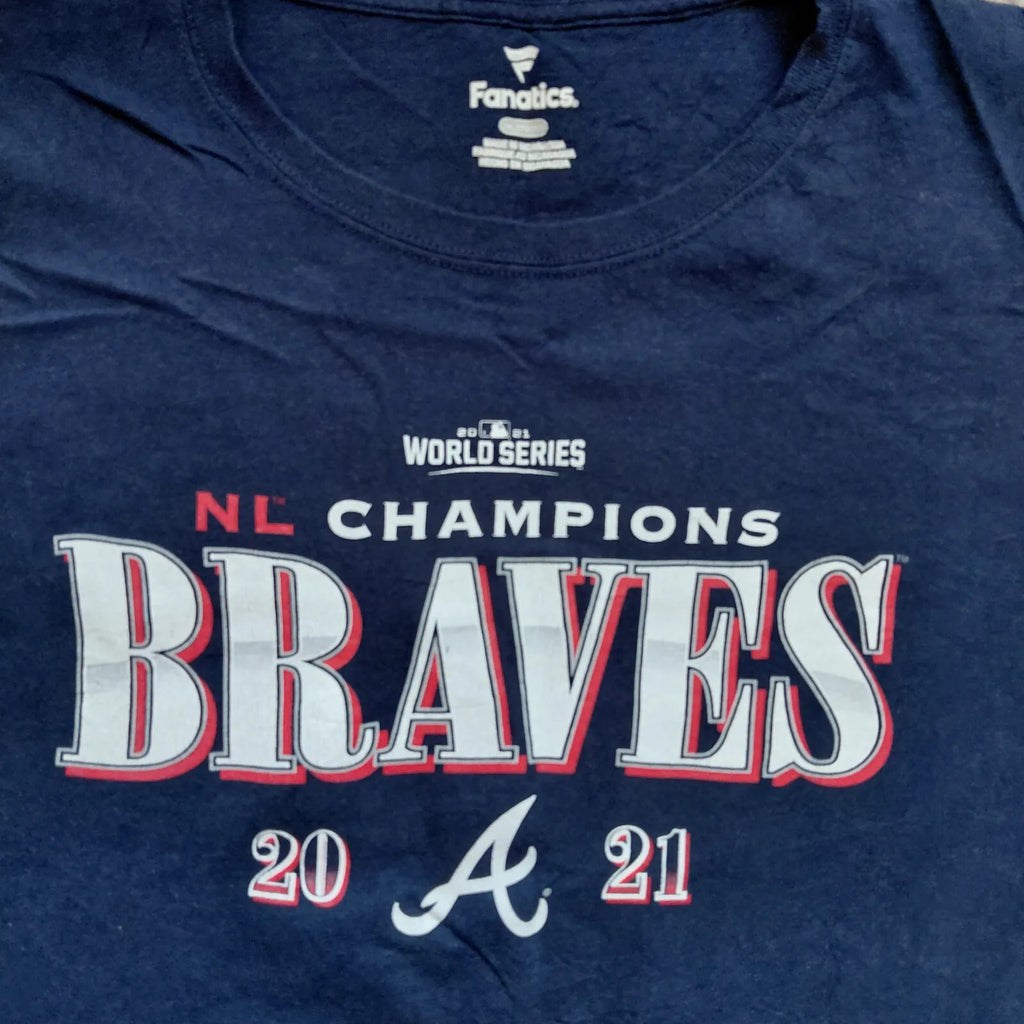 Fanatics Crew Neck T Shirt Mens 2XL Navy Cotton Braves NL Champions 2021 Graphic