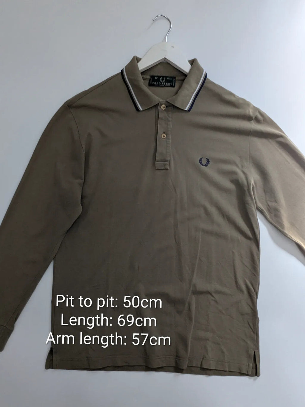 Fred Perry Polo Shirt Khaki Cotton Pique Striped Logo Embroidered Long Sleeve