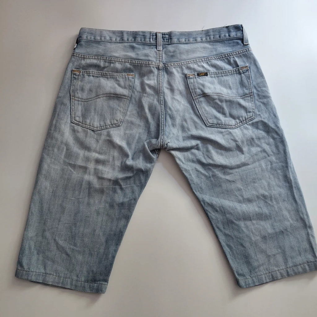 Lee Knox Denim Shorts Mens W34 L36 Light Blue Wash Denim Button Fly Jorts