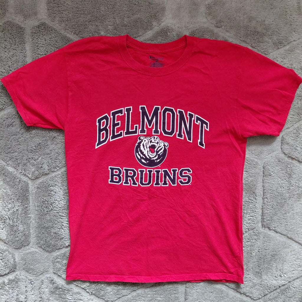 Champion Crew Neck T Shirt Unisex Medium Red Cotton Belmont Bruins Logo Short
