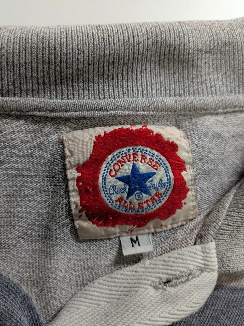 Converse Polo Shirt Mens Grey Striped Logo Button Up Long Sleeve
