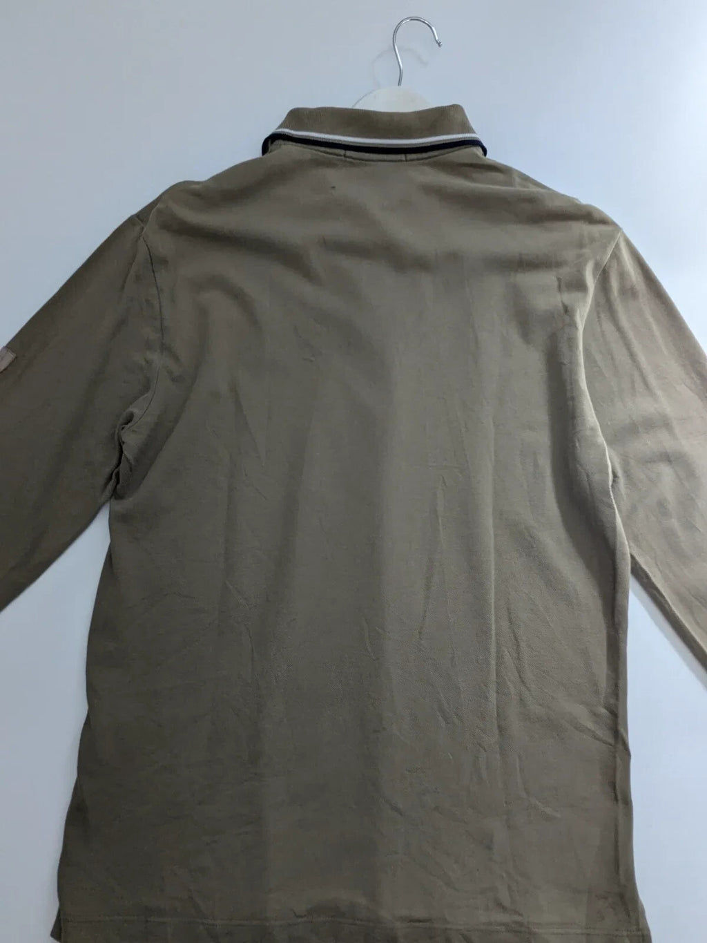 Fred Perry Polo Shirt Khaki Cotton Pique Striped Logo Embroidered Long Sleeve