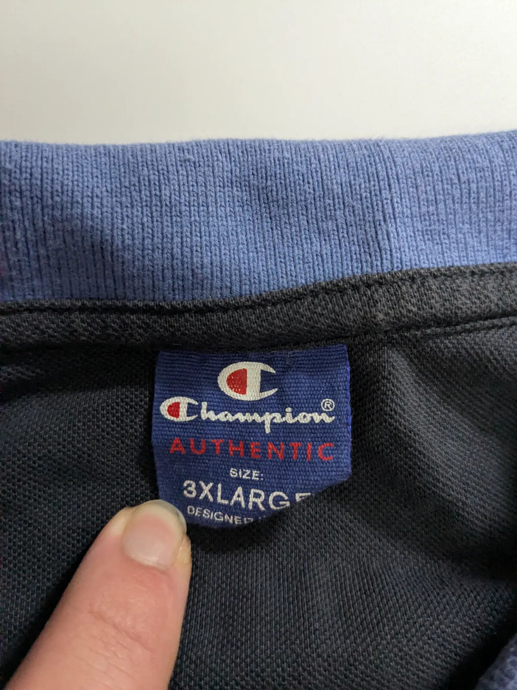 Champion Polo Shirt Mens 3XL Blue Cotton Pique Logo Striped Collar Trim Button