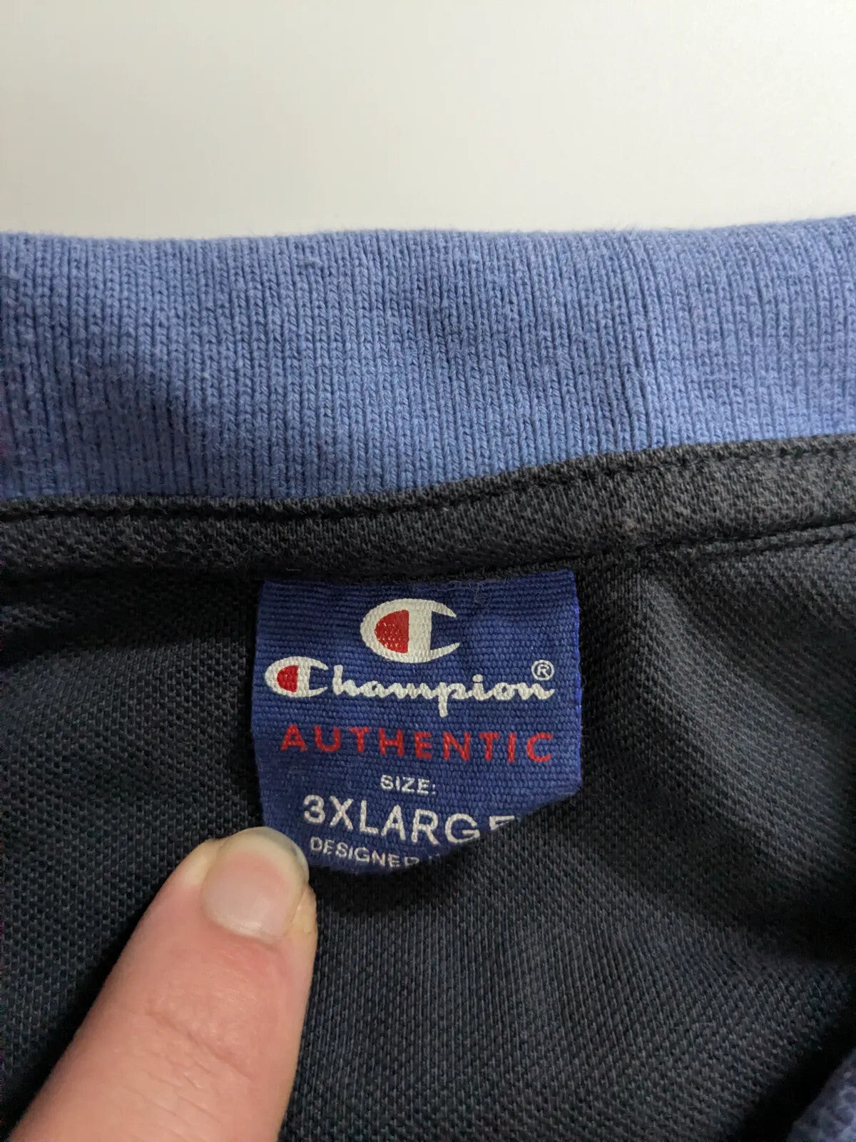 Champion Polo Shirt Mens 3XL Blue Cotton Pique Logo Striped Collar Trim Button