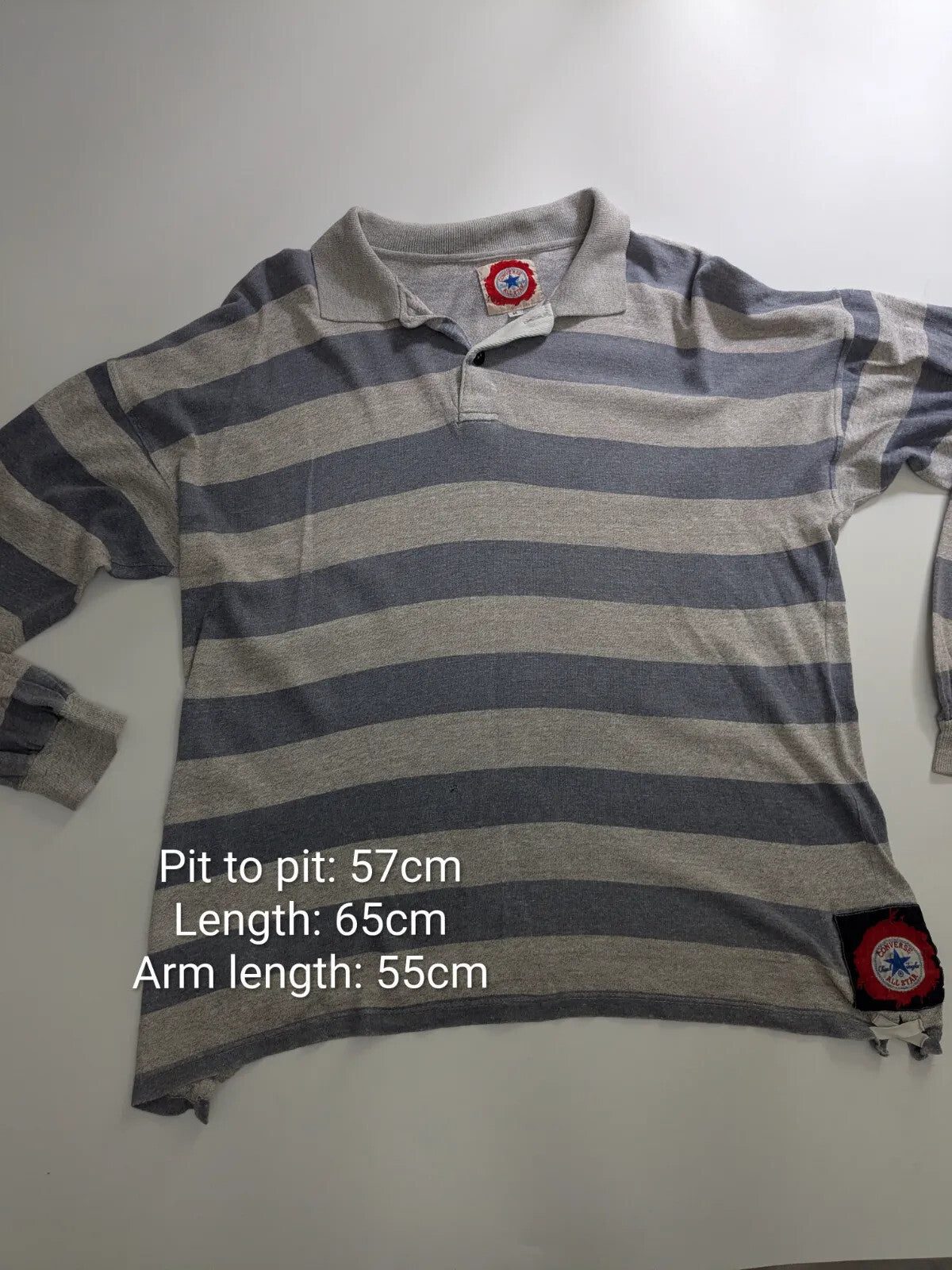 Converse Polo Shirt Mens Grey Striped Logo Button Up Long Sleeve