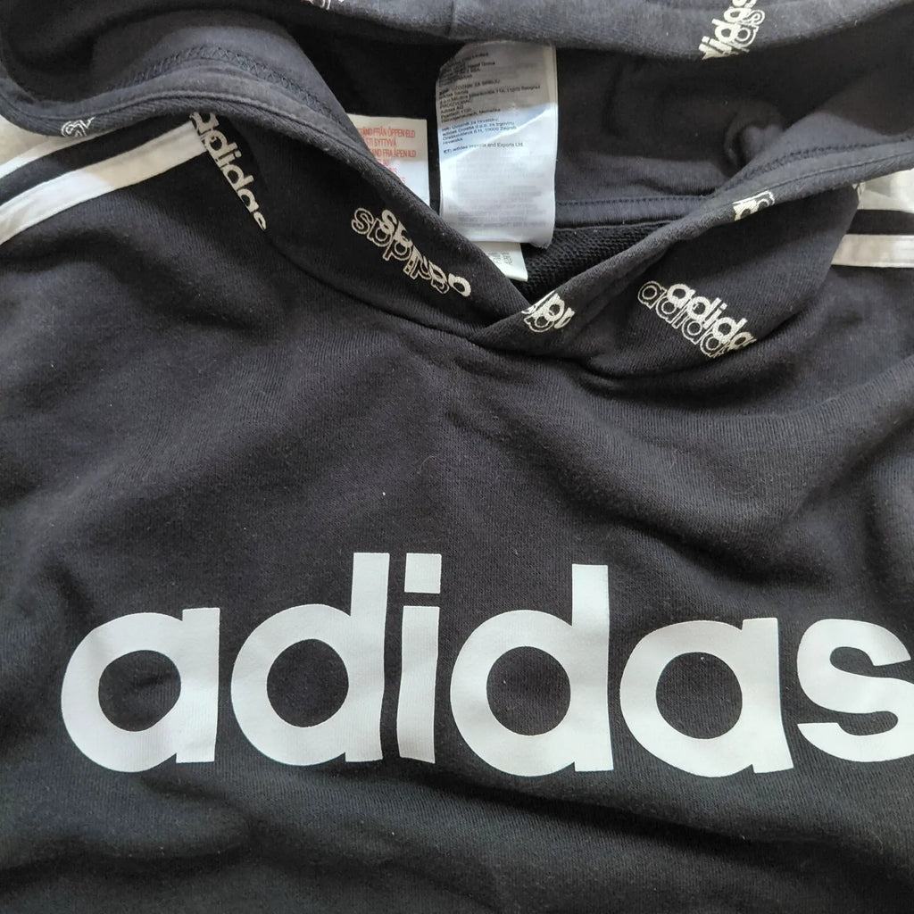 Adidas Hoodie UK 13 14Y Black Pullover Hooded Logo Long Sleeve Athletic